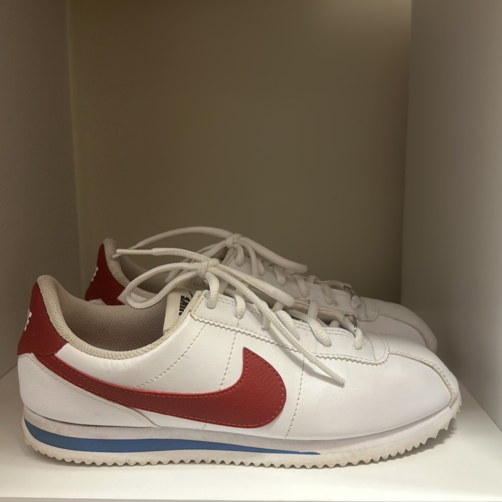 Red and white Nike cortez